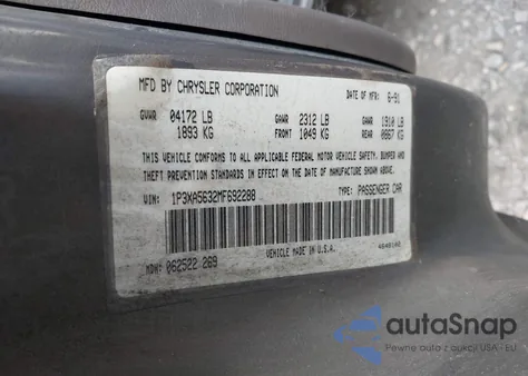 1991 Plymouth Acclaim Le z USA, uszkodzony, nr VIN 1P3XA5632MF692288